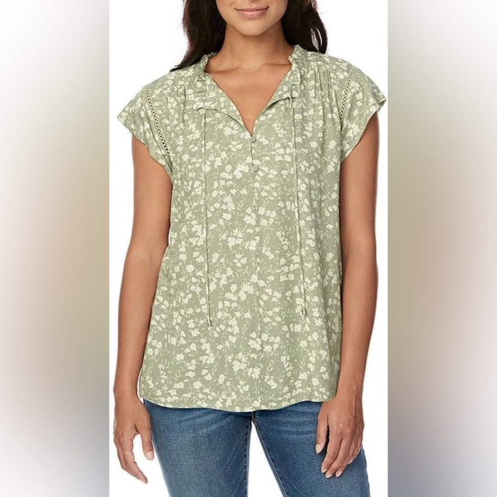 Buffalo David Bitton Green Floral Blouse Size Large Boho Flutter Sleeve Top
